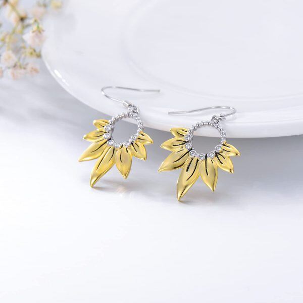 Sterling Silver Zircon Two Tone Color You Are My Sunshine Sunflower Dangle Drop Earrings-2