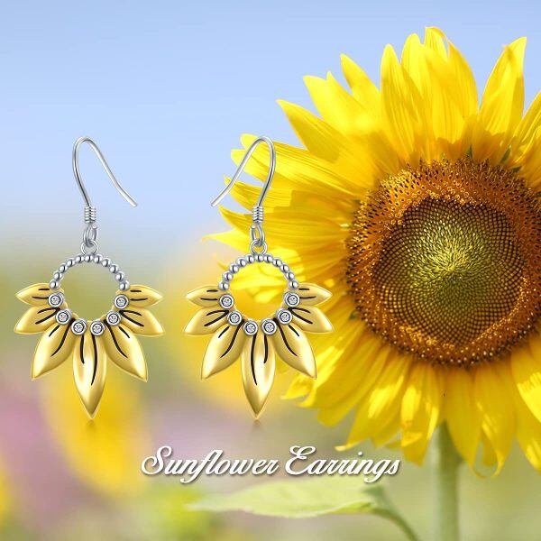 Sterling Silver Zircon Two Tone Color You Are My Sunshine Sunflower Dangle Drop Earrings-5