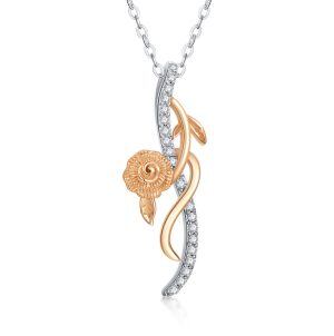 Sterling Silver Zircon Two Tone Color Rose Flower Pendant Necklace -0