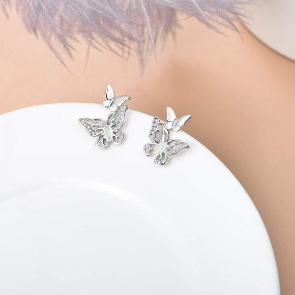 Sterling Silver Opal Silver Plated Butterfly Stud Earrings-2