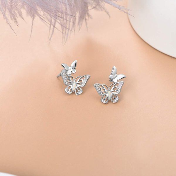 Sterling Silver Opal Silver Plated Butterfly Stud Earrings-3