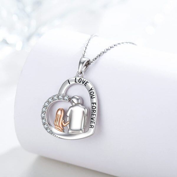 Sterling Silver Zircon Rhodium And Rose Gold Plated Father And Daughter Necklace-1