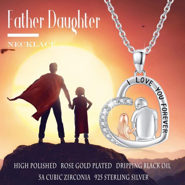 Sterling Silver Zircon Rhodium And Rose Gold Plated Father And Daughter Necklace-2