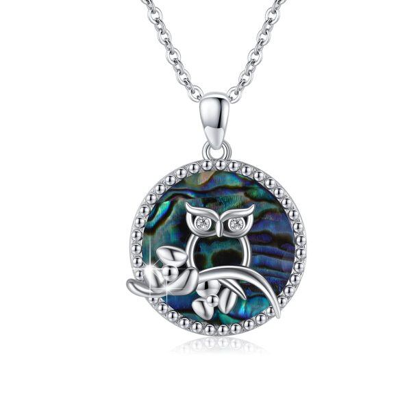 Sterling Silver Abalone Shell Rhodium Plated Owl Necklace-0