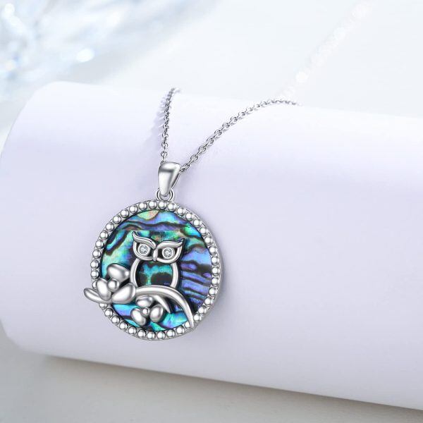 Sterling Silver Abalone Shell Rhodium Plated Owl Necklace-2