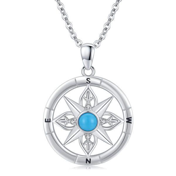 Sterling Silver Zircon Rhodium Plated Compass Necklace-0