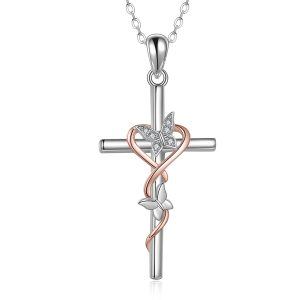 Sterling Silver Zircon Rhodium Plated Butterfly Cross Necklace-0