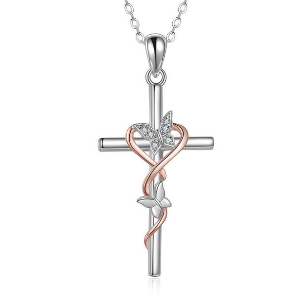 Sterling Silver Zircon Rhodium Plated Butterfly Cross Necklace-0