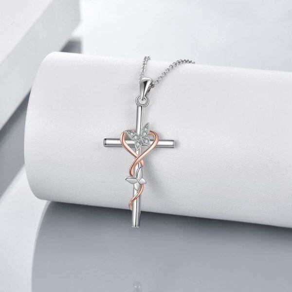 Sterling Silver Zircon Rhodium Plated Butterfly Cross Necklace-2