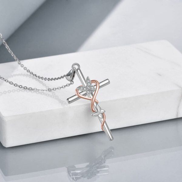 Sterling Silver Zircon Rhodium Plated Butterfly Cross Necklace-3