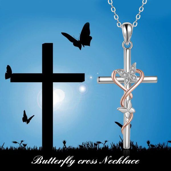 Sterling Silver Zircon Rhodium Plated Butterfly Cross Necklace-5