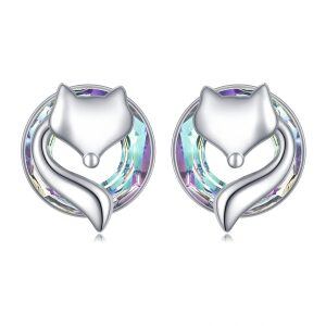 Sterling Silver Crystal Rhodium Plated Fox Earrings-0