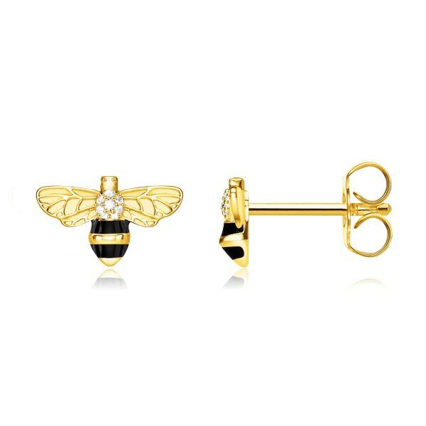 Sterling Silver Zircon Gold Plated Bee Studs Earrings-0