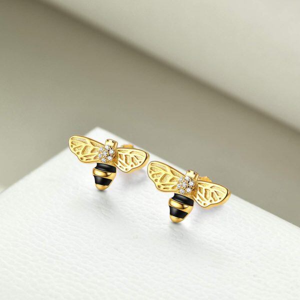 Sterling Silver Zircon Gold Plated Bee Studs Earrings-3