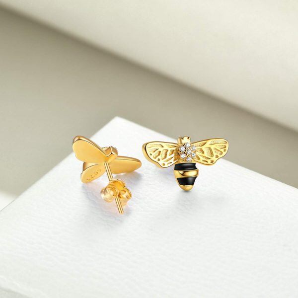 Sterling Silver Zircon Gold Plated Bee Studs Earrings-4