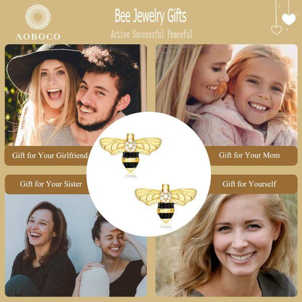 Sterling Silver Zircon Gold Plated Bee Studs Earrings-5