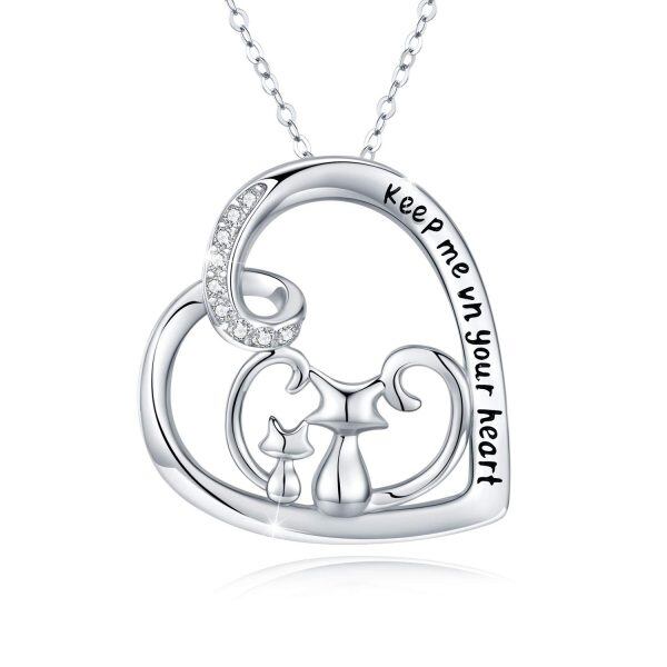 Sterling Silver Zircon Silver Plated Keep Me In Your Heart Cat Necklace-0