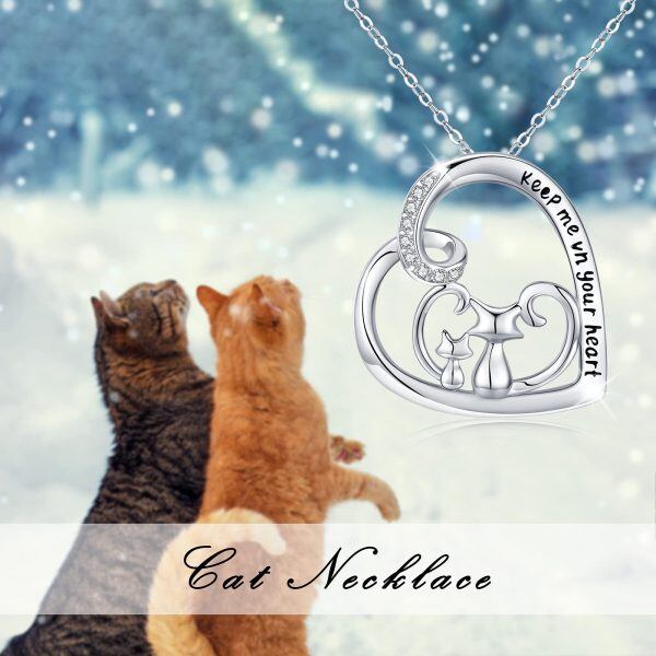 Sterling Silver Zircon Silver Plated Keep Me In Your Heart Cat Necklace-3