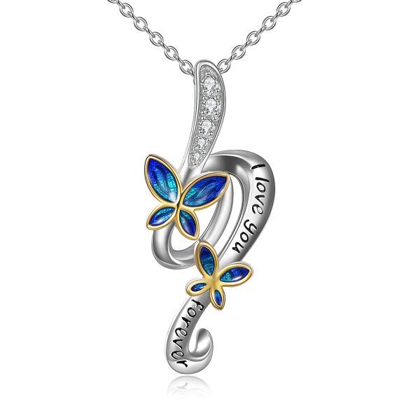 Sterling Silver Zircon Silver Plated I Love You Forever Butterfly Pendant Necklace-0