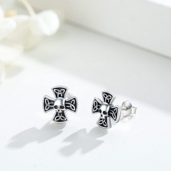 Sterling Silver Oxidized Skull Earrings-1