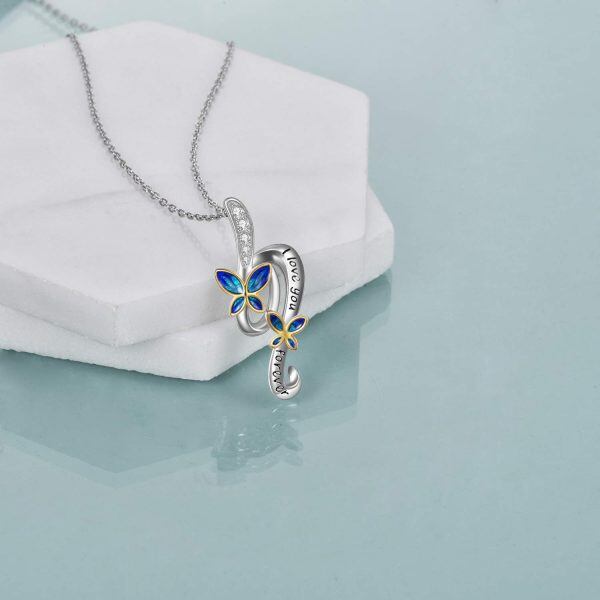 Sterling Silver Zircon Silver Plated I Love You Forever Butterfly Pendant Necklace-2