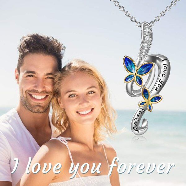 Sterling Silver Zircon Silver Plated I Love You Forever Butterfly Pendant Necklace-5