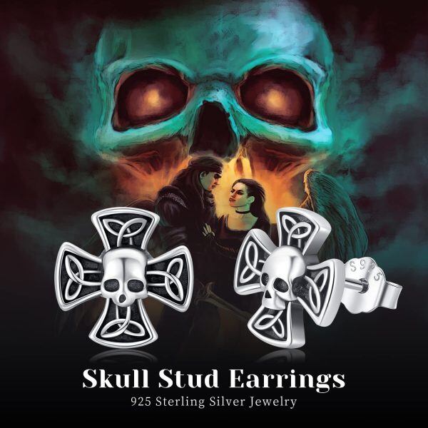 Sterling Silver Oxidized Skull Earrings-6