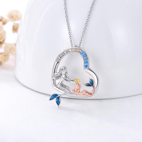 Sterling Silver Zircon Silver Plated Mermaid Heart Mother Daughter Pendant Necklace -1