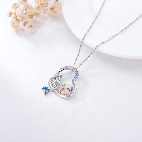 Sterling Silver Zircon Silver Plated Mermaid Heart Mother Daughter Pendant Necklace -2