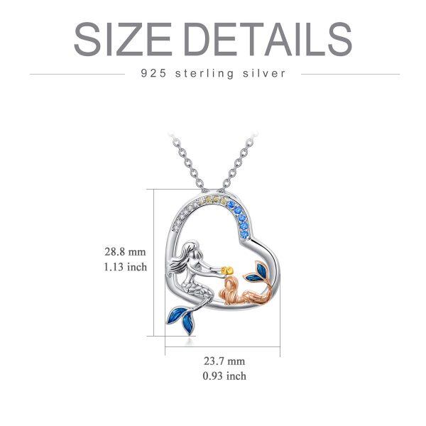 Sterling Silver Zircon Silver Plated Mermaid Heart Mother Daughter Pendant Necklace -3