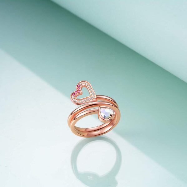 Sterling Silver Crystal Rose Gold Plated Heart Adjustable Rings -1