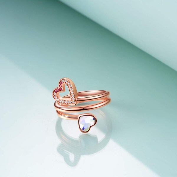 Sterling Silver Crystal Rose Gold Plated Heart Adjustable Rings -2