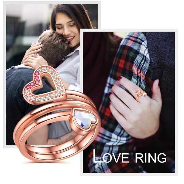 Sterling Silver Crystal Rose Gold Plated Heart Adjustable Rings -3