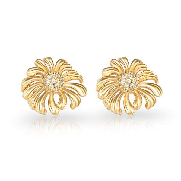 Sterling Silver Zircon Gold Plated Sunflower Stud Earrings -0