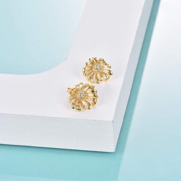 Sterling Silver Zircon Gold Plated Sunflower Stud Earrings -3