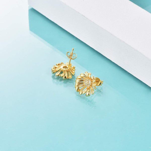 Sterling Silver Zircon Gold Plated Sunflower Stud Earrings -4