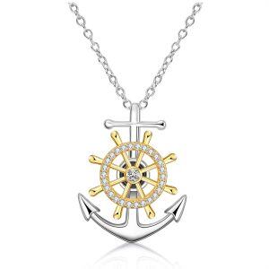 Sterling Silver Zircon Two Tone Color Anchor Pendent Necklace-0