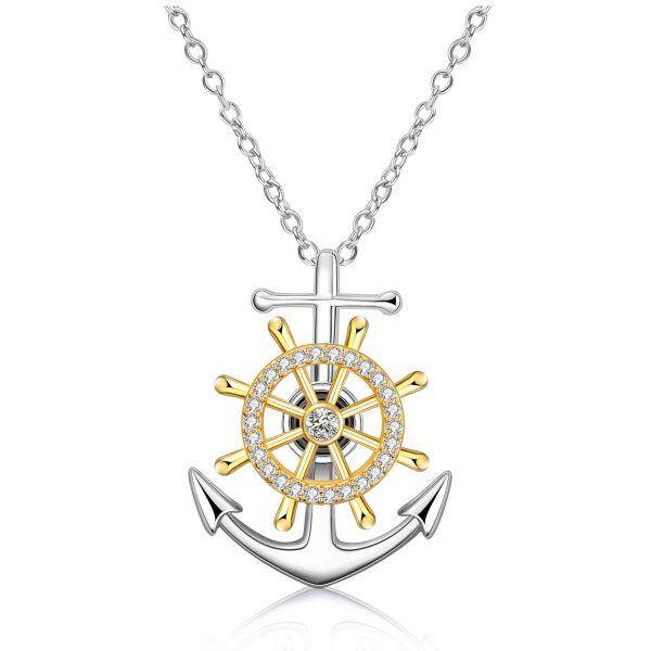 Sterling Silver Zircon Two Tone Color Anchor Pendent Necklace-0