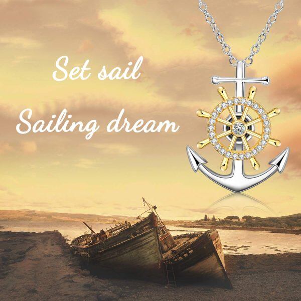 Sterling Silver Zircon Two Tone Color Anchor Pendent Necklace-5