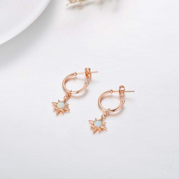 Sterling Silver Opal Rose Gold Star Hoop Earrings -1