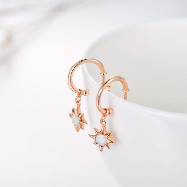 Sterling Silver Opal Rose Gold Star Hoop Earrings -2