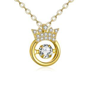 Sterling Silver Zircon Gold Plated Queen Crown Beating heart Pendant Necklace-0