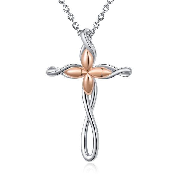 Sterling Silver Two Tone Color Clover Design Cross Pendant Necklace-0