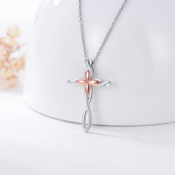 Sterling Silver Two Tone Color Clover Design Cross Pendant Necklace-4