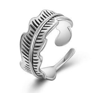 Sterting Silver Oxidized and Silver Plated Feather Adjustable Band Ring-0