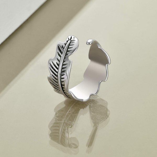 Sterting Silver Oxidized and Silver Plated Feather Adjustable Band Ring-2