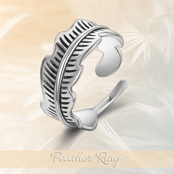 Sterting Silver Oxidized and Silver Plated Feather Adjustable Band Ring-4