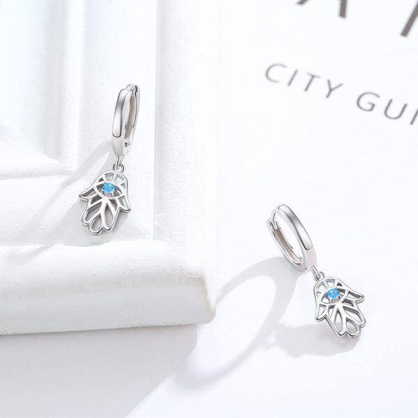 Sterling Silver Zircon Silver Plated Hamsa Hand Hoop Earrings-1