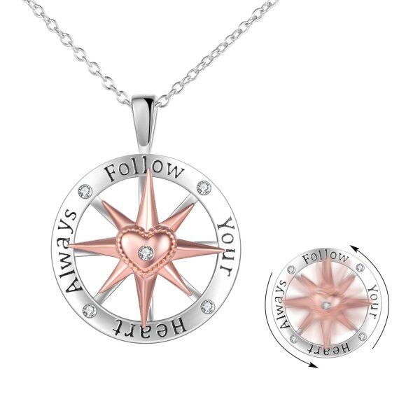 Sterling Silver Zircon Rhodium And Rose Gold Plated Compass Pendant Necklace-0