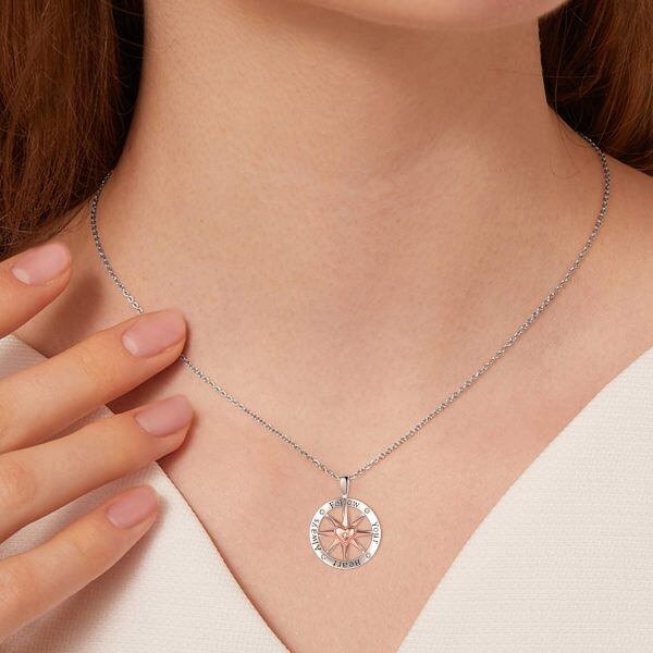 Sterling Silver Zircon Rhodium And Rose Gold Plated Compass Pendant Necklace-1